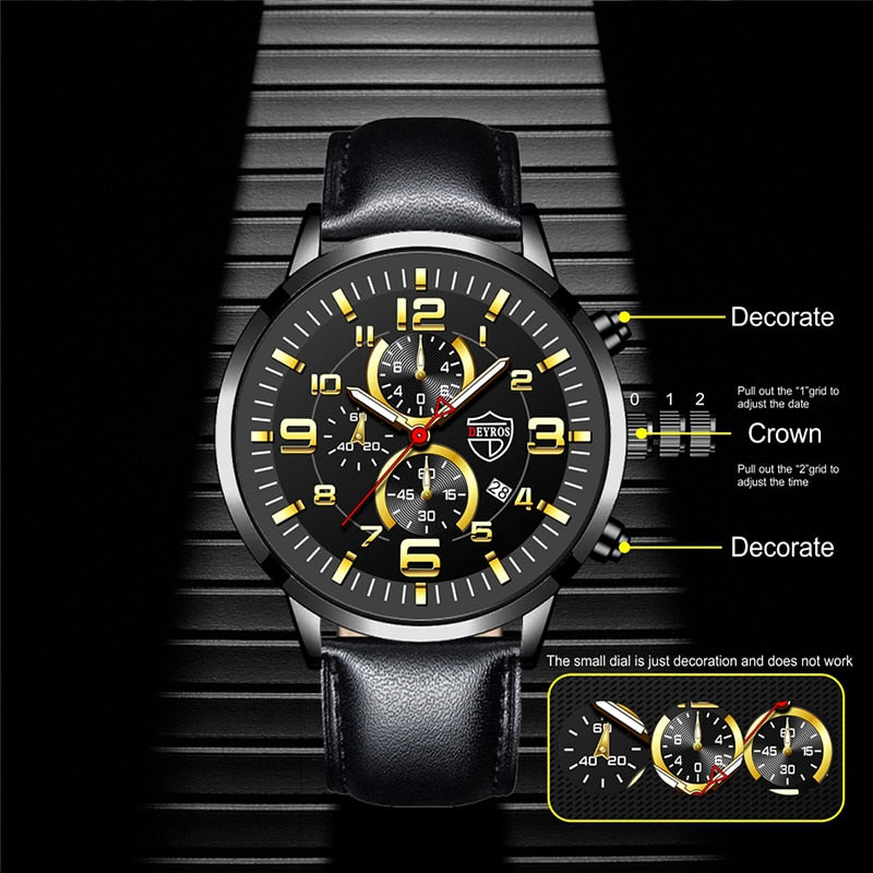 Men Watch Stainless Steel Leather Quartz Wrist Watch